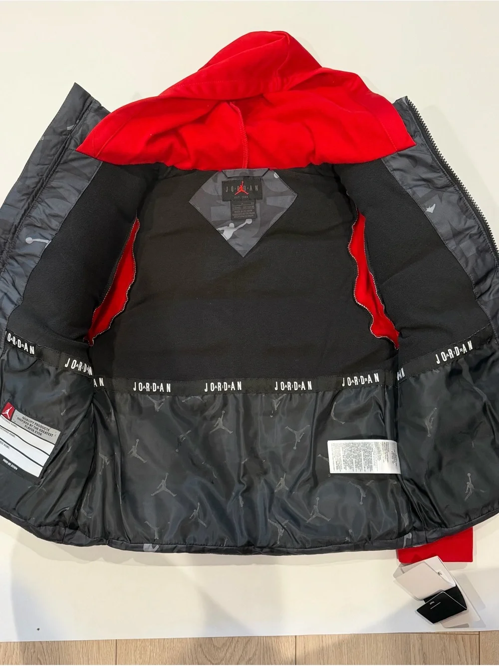 Jordan Kids Black Puffer Vest with Red Hooded Sweatshirt